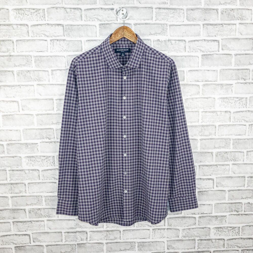 MIZZEN + MAIN Men's Trim Fit Button up Shirt in Purple Gingham Check Size XL